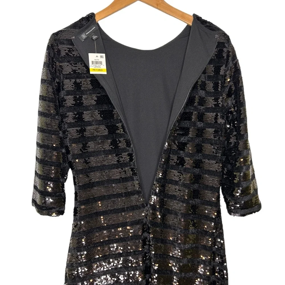 INC Sequin Sheath Dress Size MEDIUM Petite Glitz Black 3/4 Party Holiday NWT